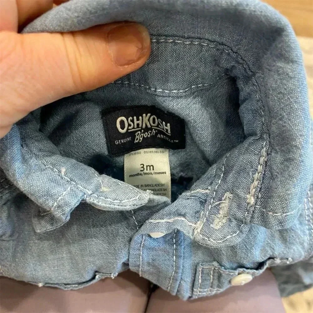 OshKosh Infant Blue Denim Bodysuit Long Sleeve Button Collar baby boy 3m